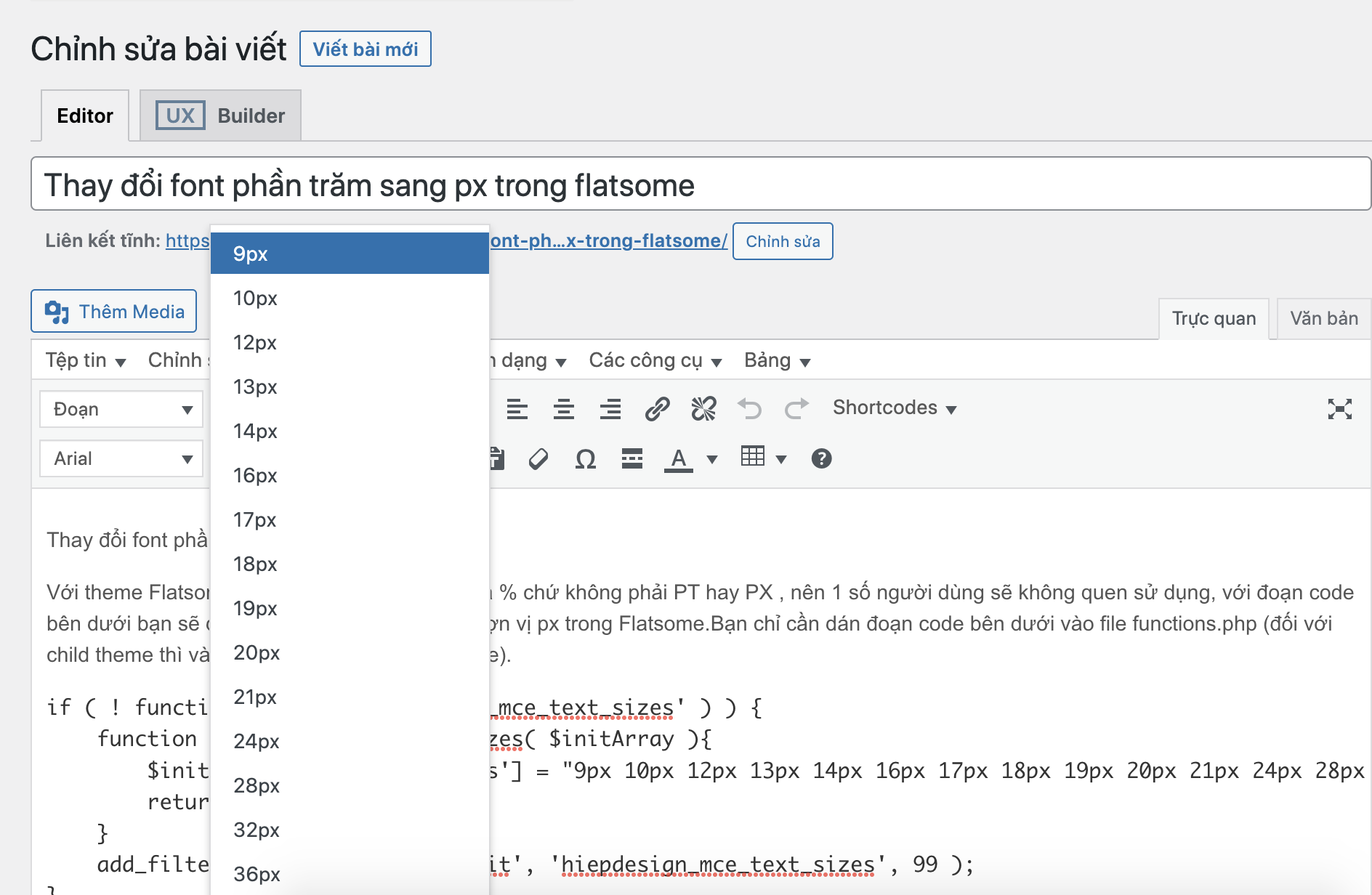 Thay đổi font phần trăm sang px trong Flatsome