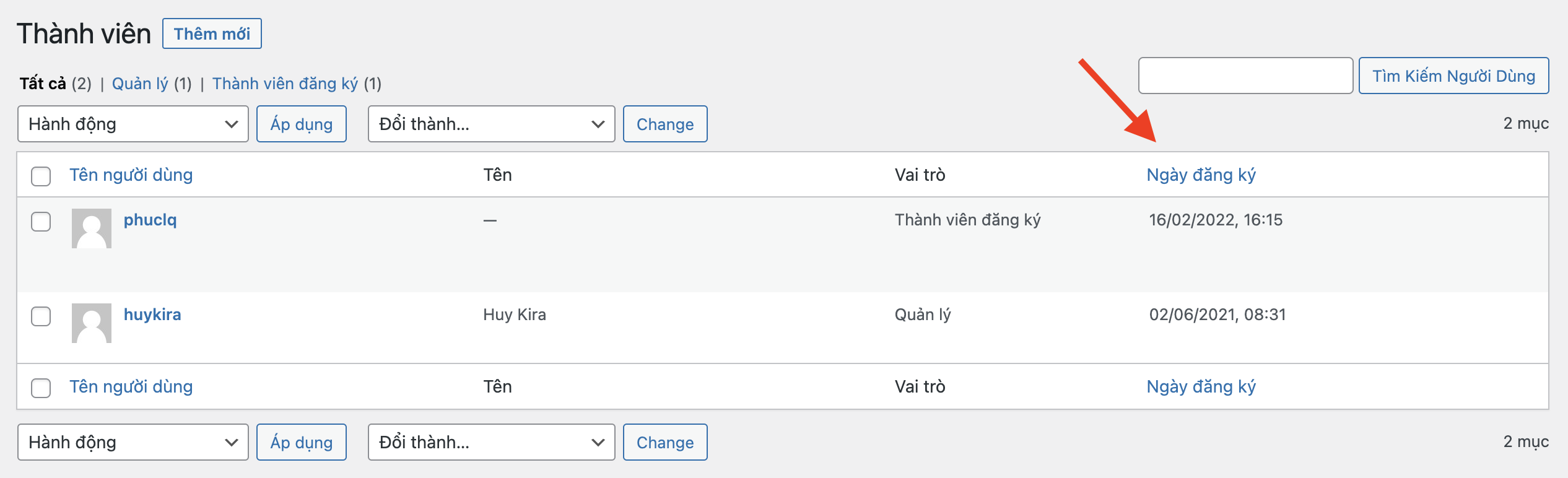 Hiển thị ngày đăng ký của người dùng vào trang tất cả người dùng