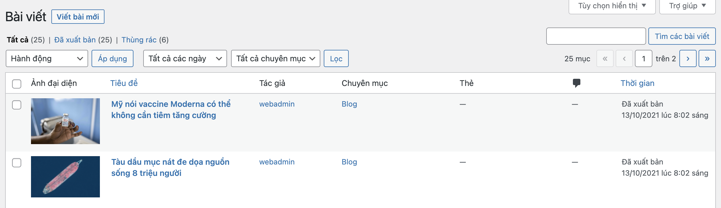 Thêm cột ảnh đại diện trong trang quản trị danh sách bài viết