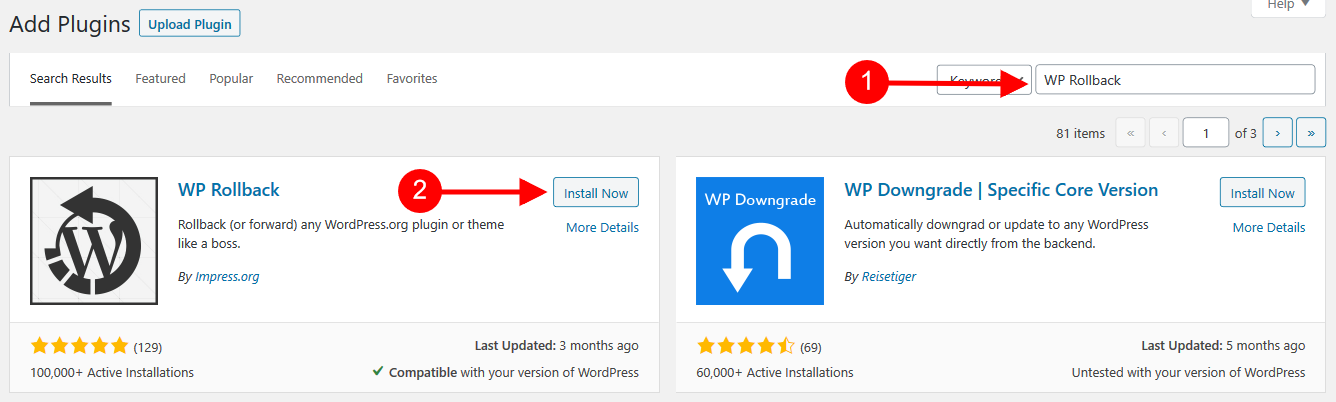 Cài đặt plugin WP Rollback