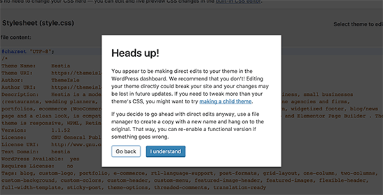 cảnh báo trình chỉnh sửa theme