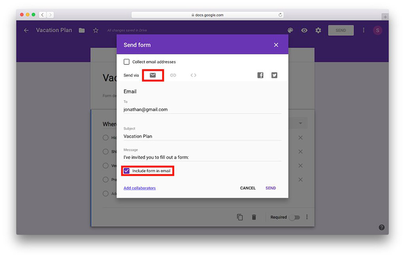 nhúng google form vào email
