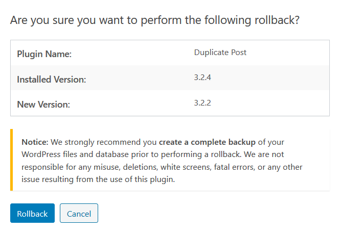 Thông báo WP Rollback