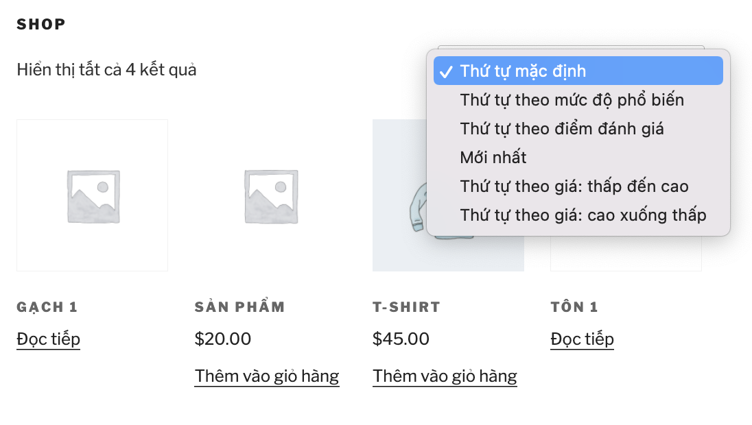 xoá tuỳ chọn sắp xếp sản phẩm